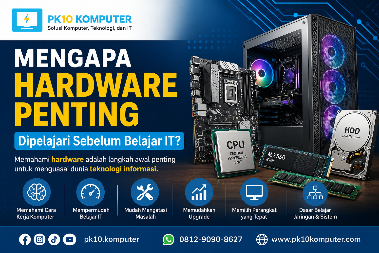 Ilustrasi komponen hardware komputer seperti processor, RAM, motherboard, dan SSD sebagai dasar belajar IT.