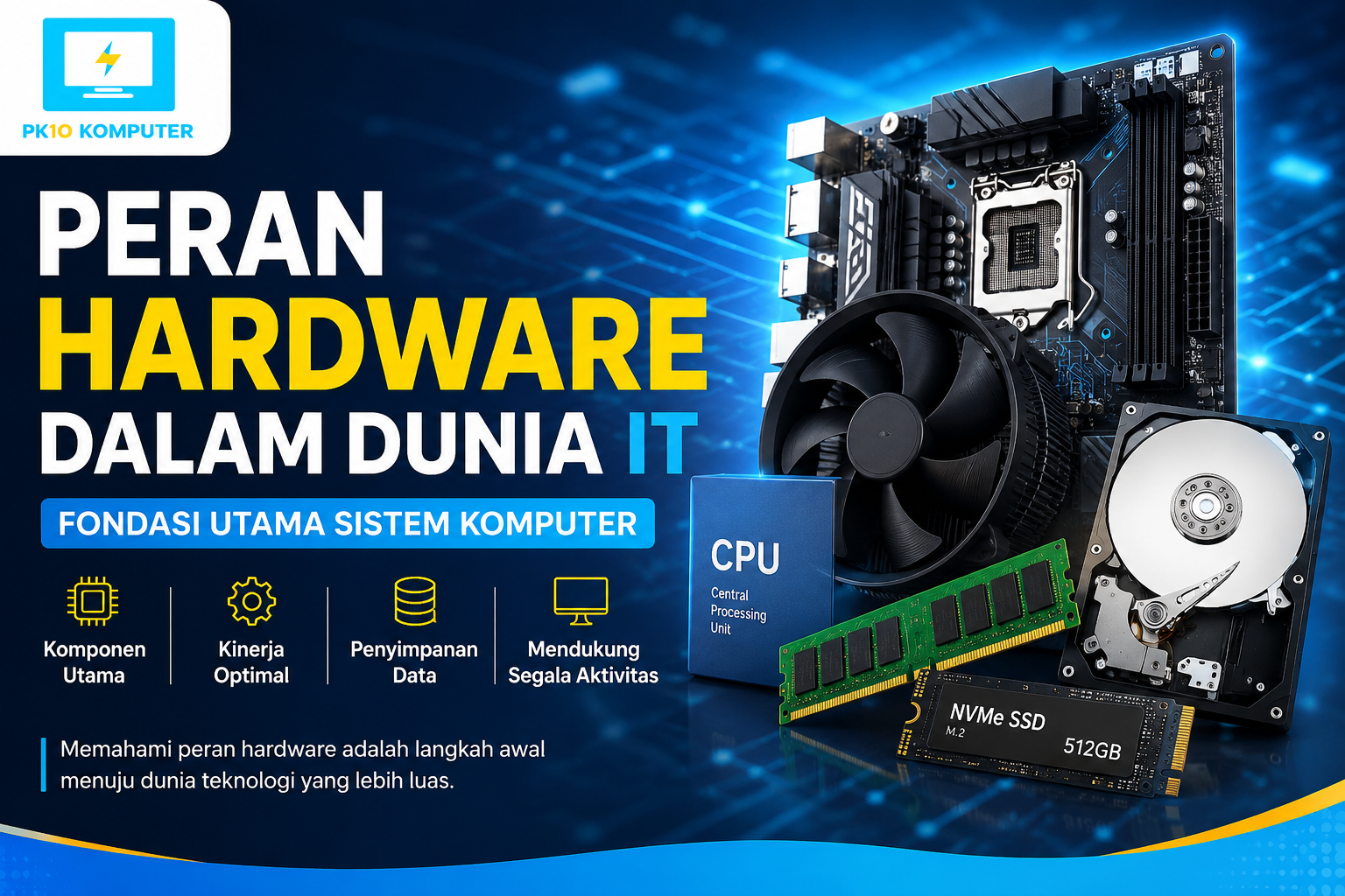 Hardware adalah fondasi utama dalam dunia IT yang berperan penting dalam menjalankan sistem komputer. Dari proses input hingga output, semua aktivitas digital bergantung pada kinerja hardware. Dengan memahami jenis, fungsi, dan perannya, kita dapat lebih siap menghadapi perkembangan teknologi dan memanfaatkan peluang karier di bidang IT. Di era digital yang terus berkembang, hardware tidak hanya menjadi alat, tetapi juga kunci utama dalam menciptakan inovasi teknologi yang lebih maju.