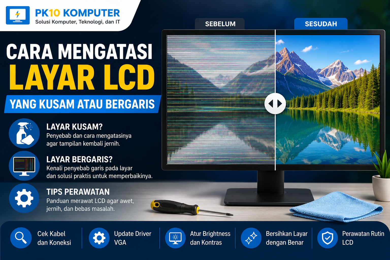 Ilustrasi monitor LCD yang mengalami layar kusam dan bergaris beserta cara mengatasinya.