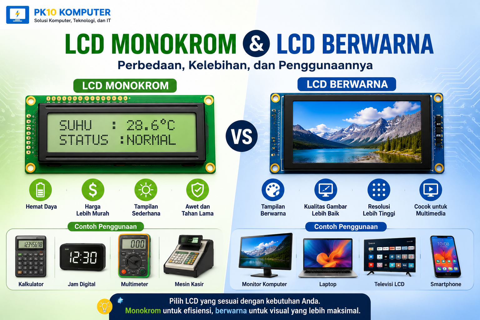 Ilustrasi perbandingan LCD monokrom dan LCD berwarna pada berbagai perangkat elektronik.