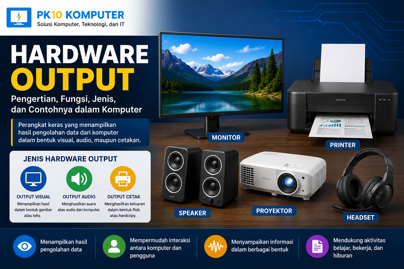 Ilustrasi berbagai hardware output komputer seperti monitor, printer, speaker, dan proyektor.