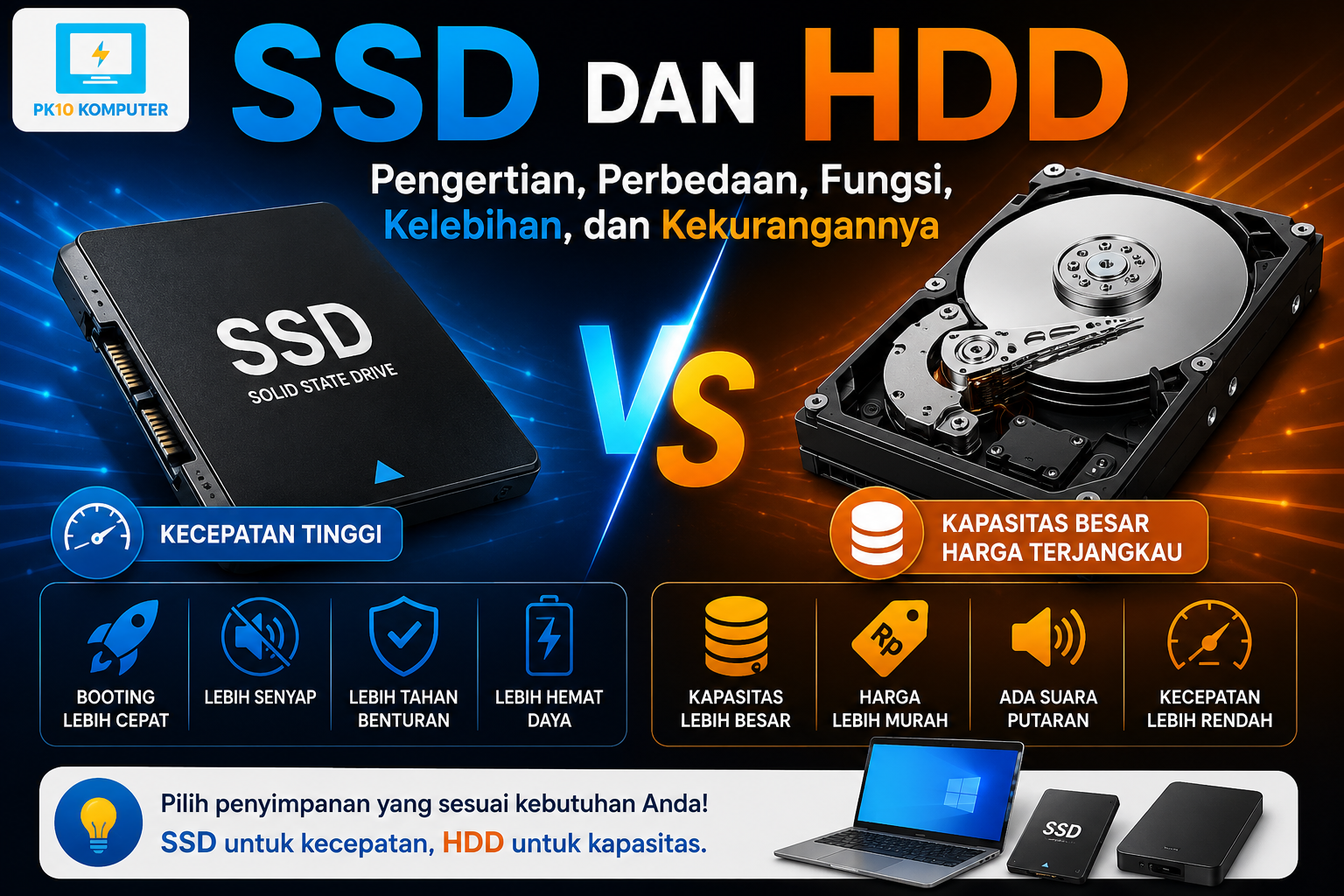Ilustrasi SSD dan HDD beserta perbedaan fungsi, kelebihan, dan kekurangannya.