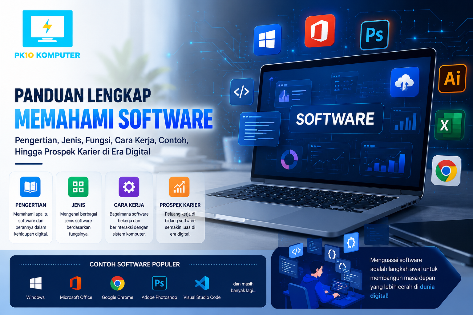 Software merupakan komponen penting yang memungkinkan perangkat komputer menjalankan berbagai fungsi dan memenuhi kebutuhan pengguna. Dengan memahami pengertian, jenis, fungsi, cara kerja, proses pengembangan, hingga tren teknologi terbaru, kita dapat memanfaatkan software secara lebih efektif dan efisien. Di era digital, kebutuhan akan software terus meningkat di berbagai sektor seperti pendidikan, bisnis, kesehatan, pemerintahan, hingga industri kreatif. Hal ini juga membuka peluang karier yang sangat menjanjikan bagi mereka yang memiliki keterampilan di bidang pengembangan perangkat lunak, analisis sistem, keamanan siber, dan teknologi informasi. Materi ini dapat digunakan sebagai referensi belajar, bahan presentasi, maupun dasar untuk memahami dunia software secara menyeluruh karena mencakup konsep dasar hingga perkembangan dan peluang karier di bidang perangkat lunak.