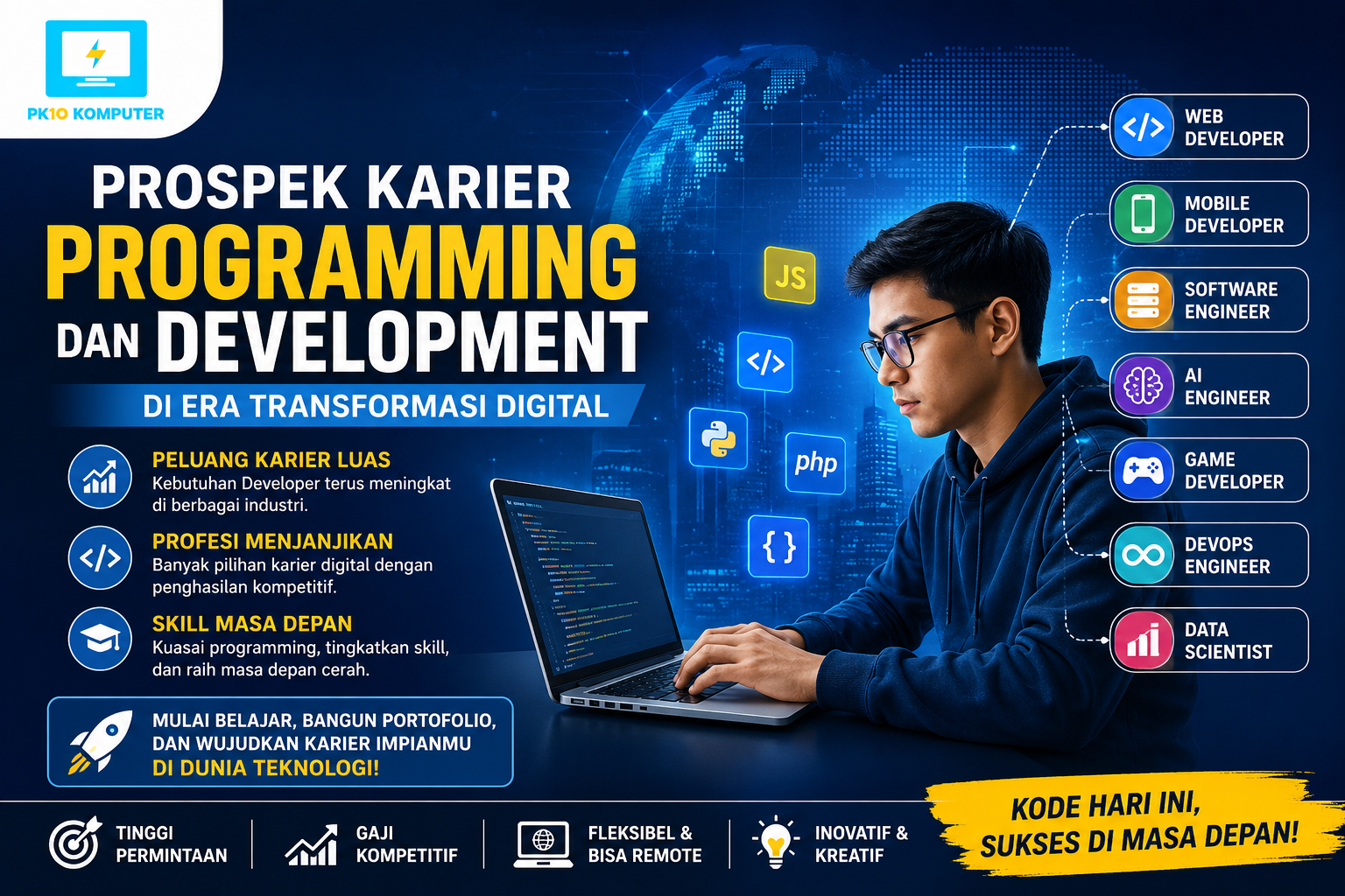 Transformasi digital telah mengubah cara masyarakat bekerja, belajar, berbisnis, hingga berkomunikasi. Perusahaan dari berbagai sektor kini memanfaatkan teknologi digital untuk meningkatkan efisiensi, produktivitas, dan kualitas layanan. Akibatnya, kebutuhan akan tenaga profesional di bidang Programming dan Development terus meningkat. Saat ini, kemampuan membuat website, aplikasi mobile, sistem informasi, hingga teknologi berbasis Artificial Intelligence (AI) menjadi salah satu keterampilan yang paling dicari di dunia kerja. Oleh karena itu, mempelajari programming dan development bukan hanya menjadi pilihan, tetapi juga investasi untuk masa depan.