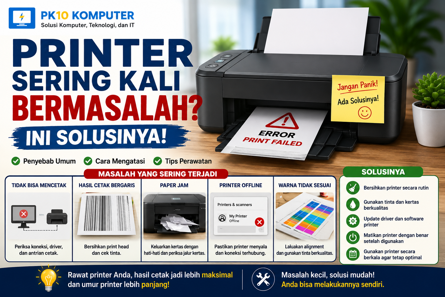 Ilustrasi printer yang mengalami masalah seperti paper jam, hasil cetak bergaris, dan status offline beserta solusi perbaikannya.