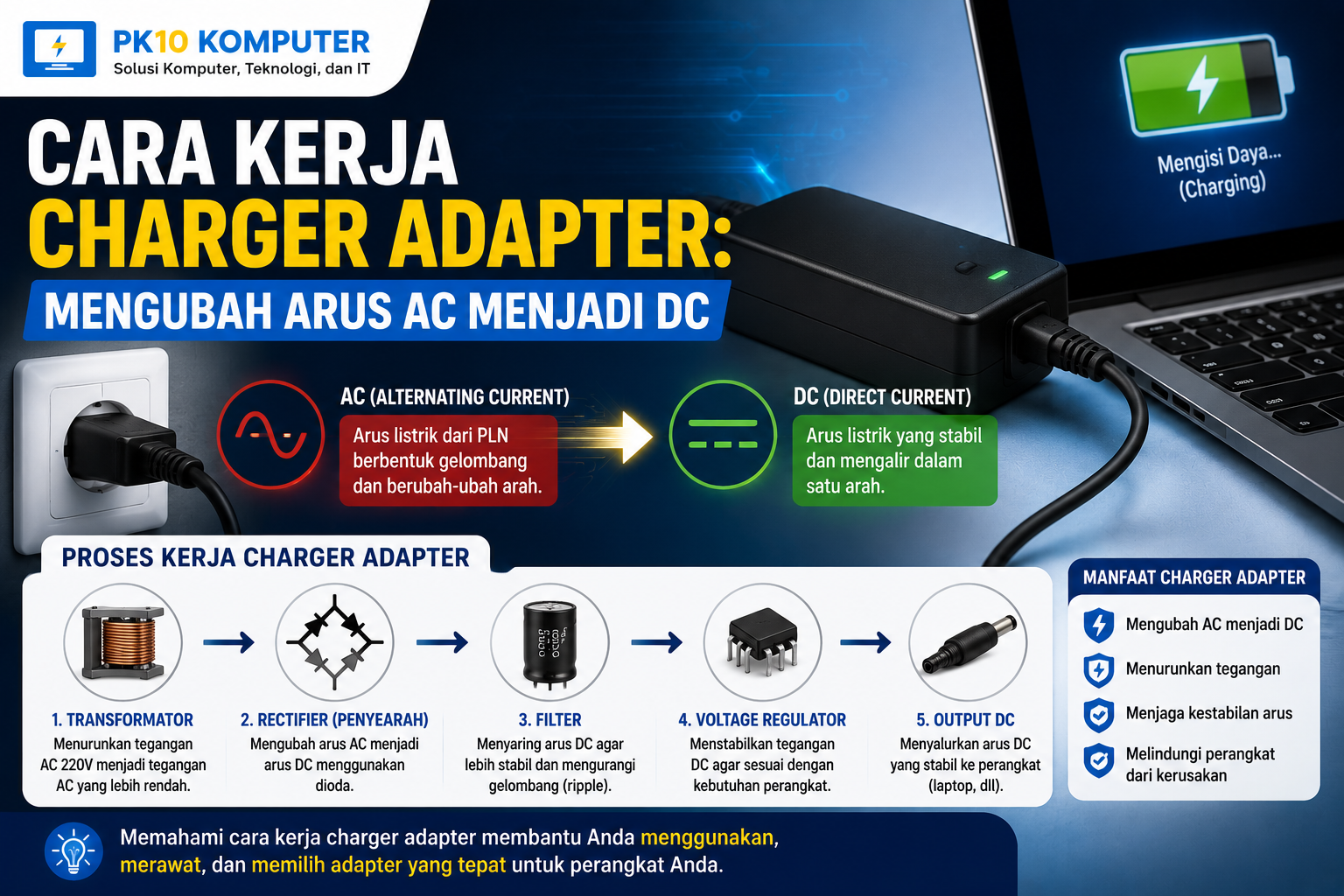 Ilustrasi proses kerja charger adapter yang mengubah arus listrik AC menjadi DC untuk menyuplai daya ke laptop dengan aman.