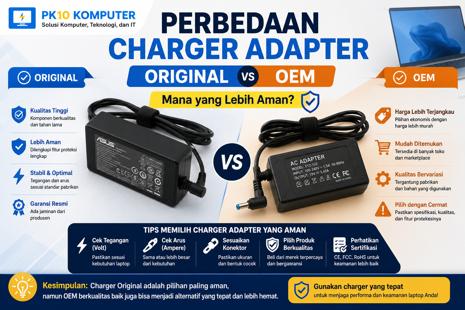 Perbandingan charger adapter original dan OEM yang menampilkan perbedaan kualitas, keamanan, dan kompatibilitas untuk laptop.