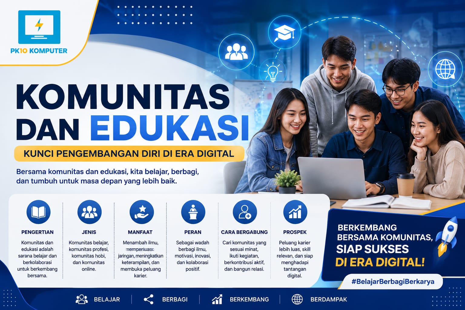 Komunitas dan edukasi merupakan dua elemen yang saling melengkapi dalam proses pengembangan diri. Melalui komunitas, seseorang dapat belajar dari pengalaman orang lain, meningkatkan keterampilan, memperluas jaringan, serta membuka peluang karier dan bisnis. Di era digital, keberadaan komunitas edukasi semakin penting karena menyediakan ruang belajar yang fleksibel, kolaboratif, dan relevan dengan kebutuhan zaman. Dengan memilih komunitas yang sesuai minat, aktif berpartisipasi, dan memanfaatkan teknologi sebagai sarana belajar, setiap individu dapat terus berkembang dan siap menghadapi tantangan masa depan.
