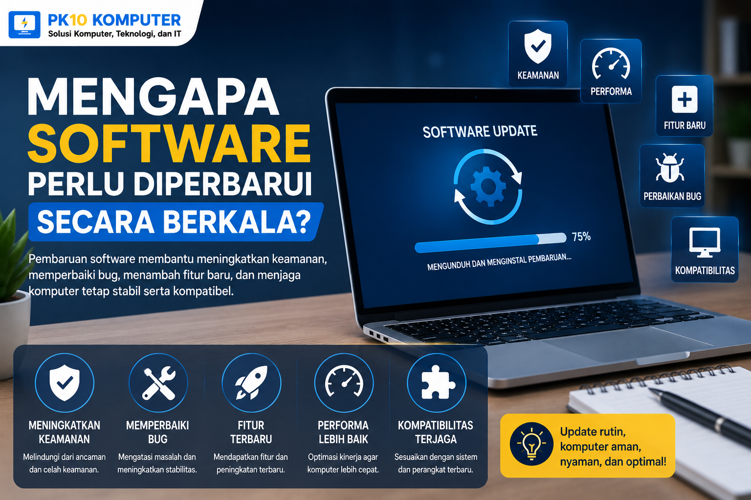 Ilustrasi proses update software pada komputer untuk meningkatkan keamanan, performa, dan fitur.