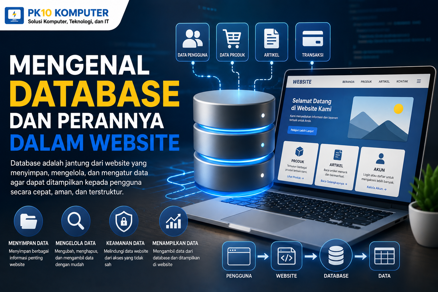 Ilustrasi database sebagai penyimpanan data yang mendukung kinerja dan fitur website.