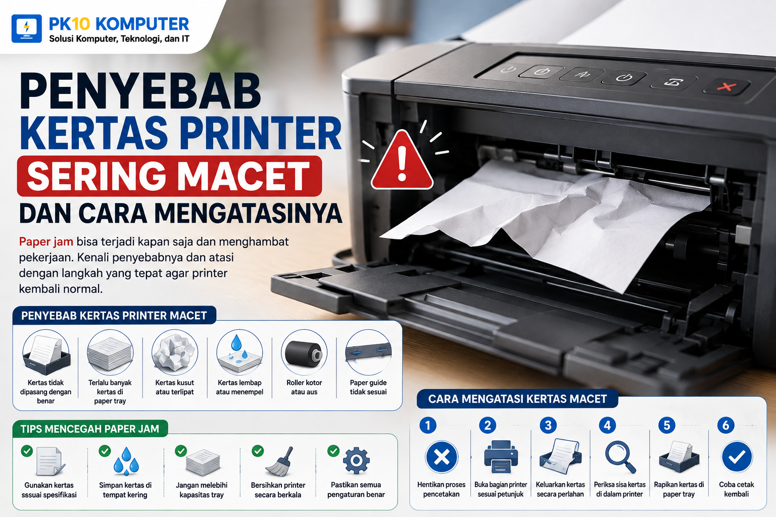 Ilustrasi kertas printer macet atau paper jam beserta cara mengatasinya.