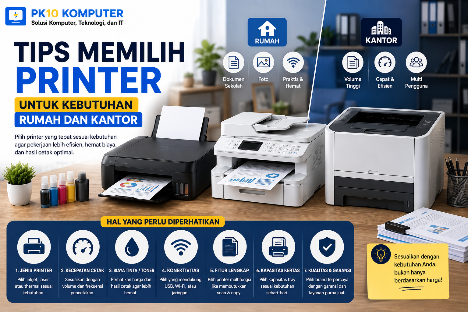 Ilustrasi tips memilih printer yang tepat untuk kebutuhan rumah dan kantor.