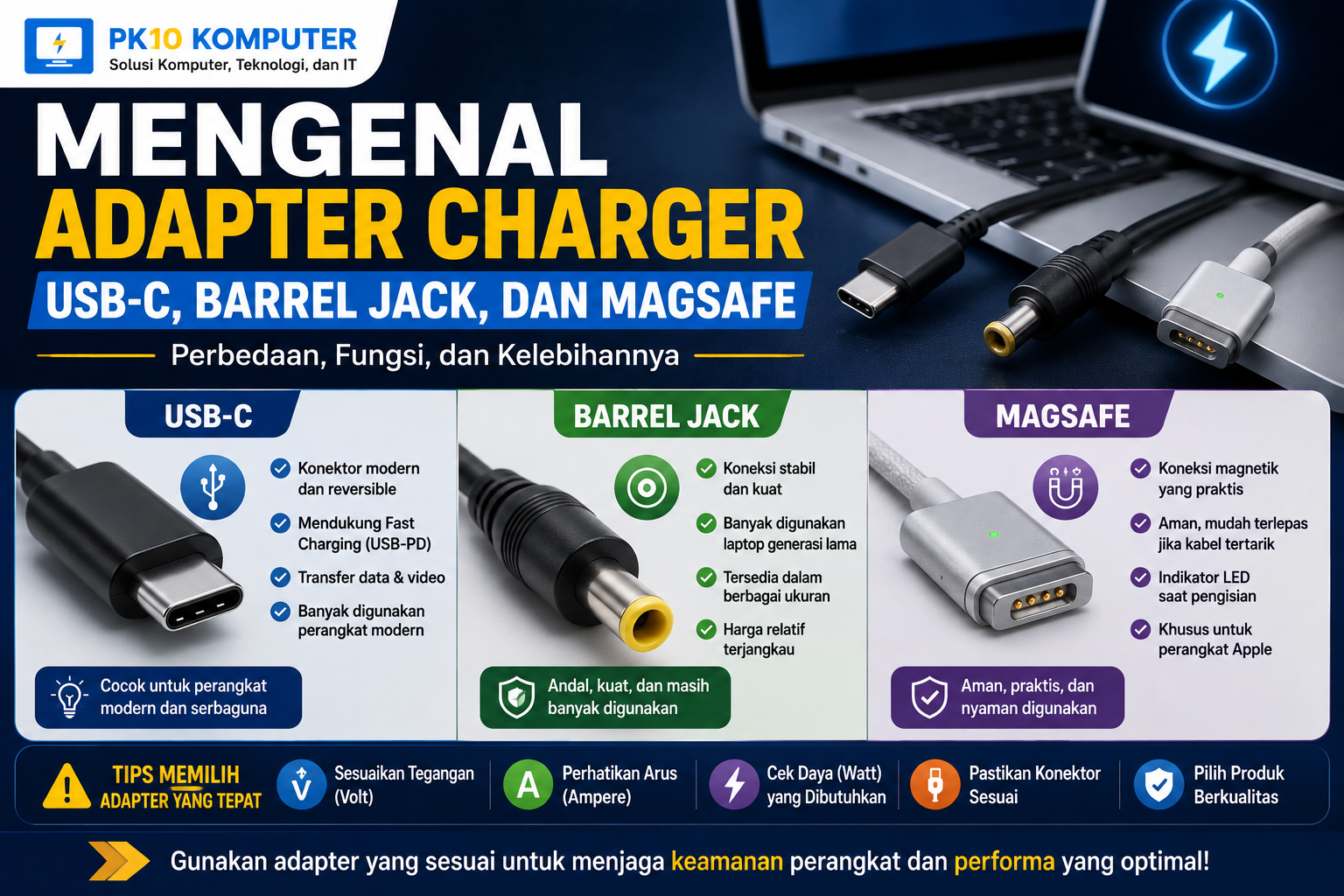 Ilustrasi perbandingan konektor charger USB-C, Barrel Jack, dan MagSafe pada laptop beserta fungsi dan karakteristiknya.
