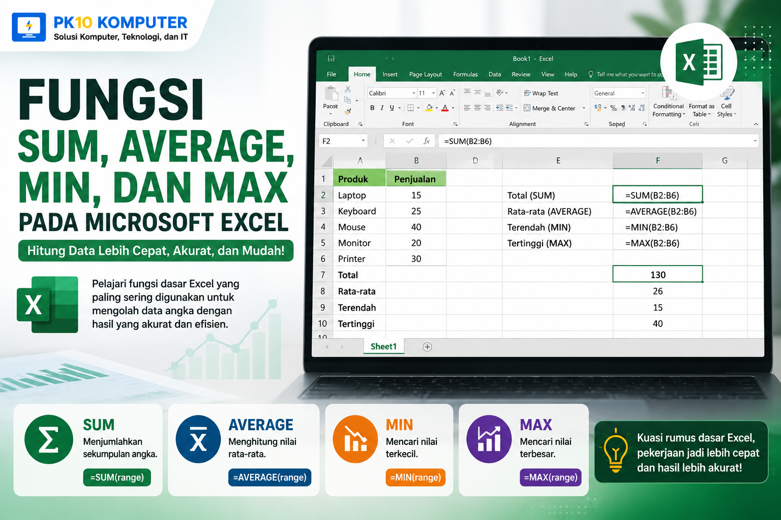 Ilustrasi Microsoft Excel dengan contoh fungsi SUM, AVERAGE, MIN, dan MAX untuk mengolah data angka.
