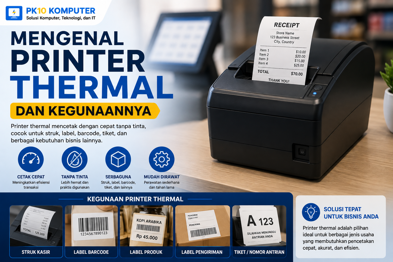 Ilustrasi printer thermal untuk mencetak struk, barcode, dan label dengan cepat.