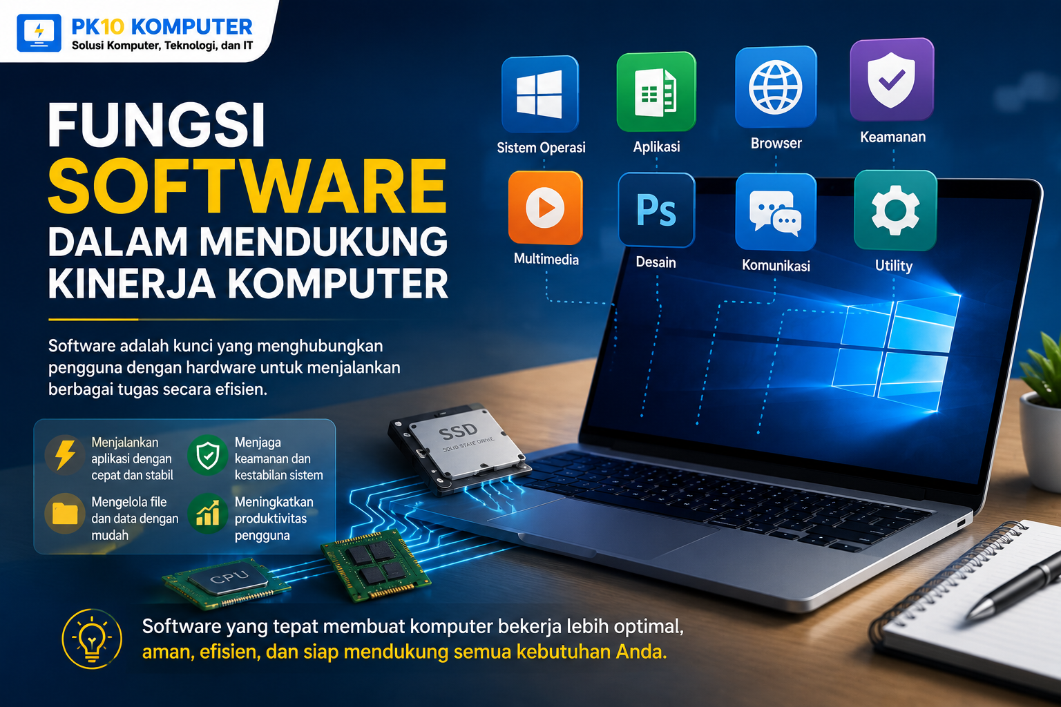 Ilustrasi software komputer yang mendukung kinerja hardware dan aktivitas pengguna.