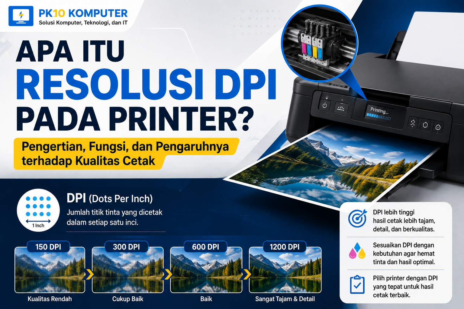 Ilustrasi printer dengan tampilan perbandingan hasil cetak berbagai resolusi DPI yang menunjukkan perbedaan tingkat ketajaman dan detail gambar.