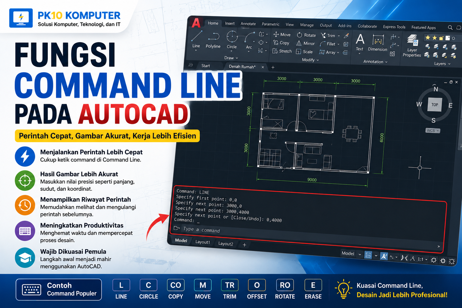 Ilustrasi tampilan Command Line pada AutoCAD yang menunjukkan penggunaan perintah keyboard untuk menggambar dan mengedit objek dengan cepat.