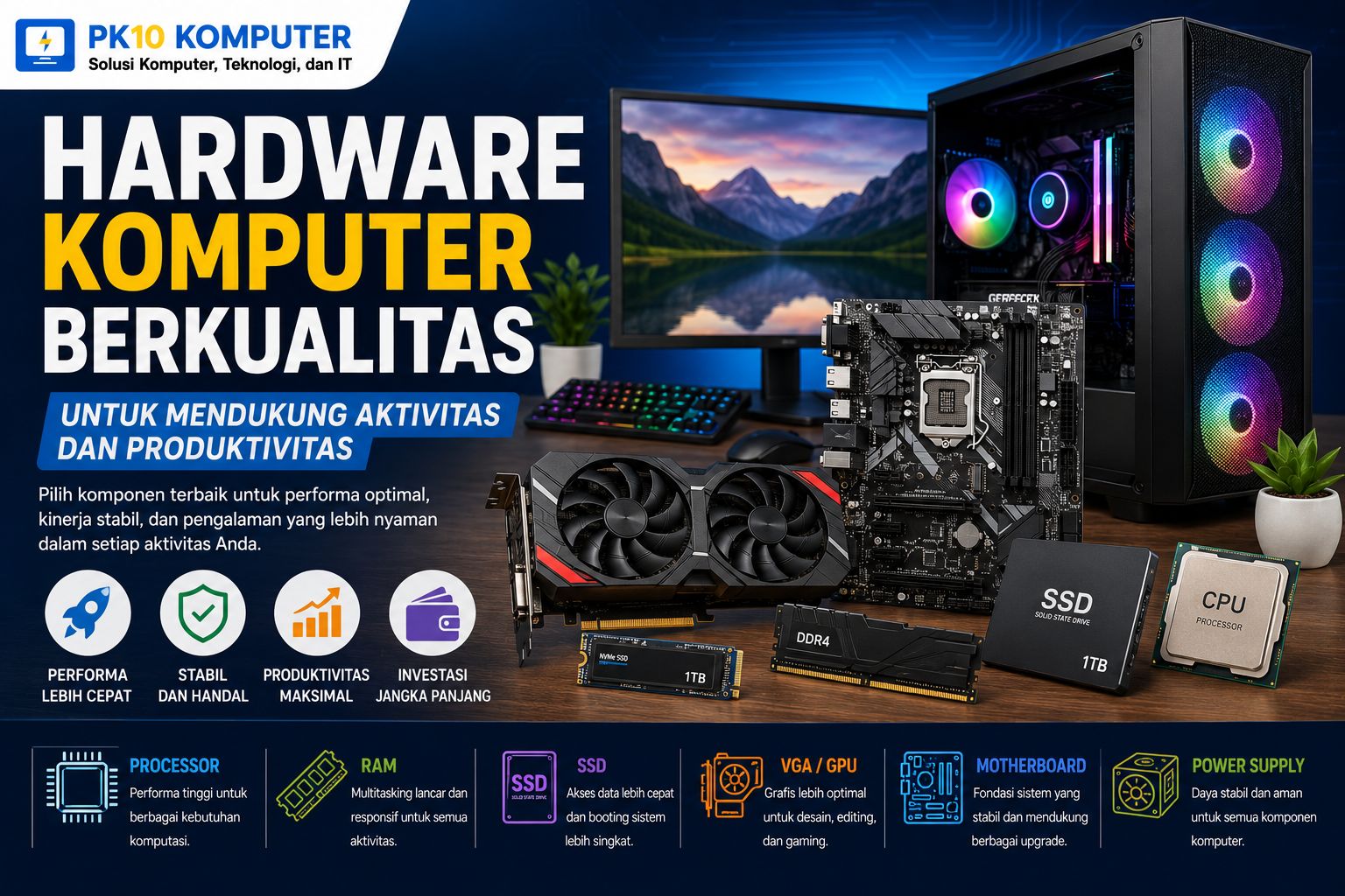 Ilustrasi hardware komputer berkualitas untuk mendukung aktivitas dan produktivitas sehari-hari.