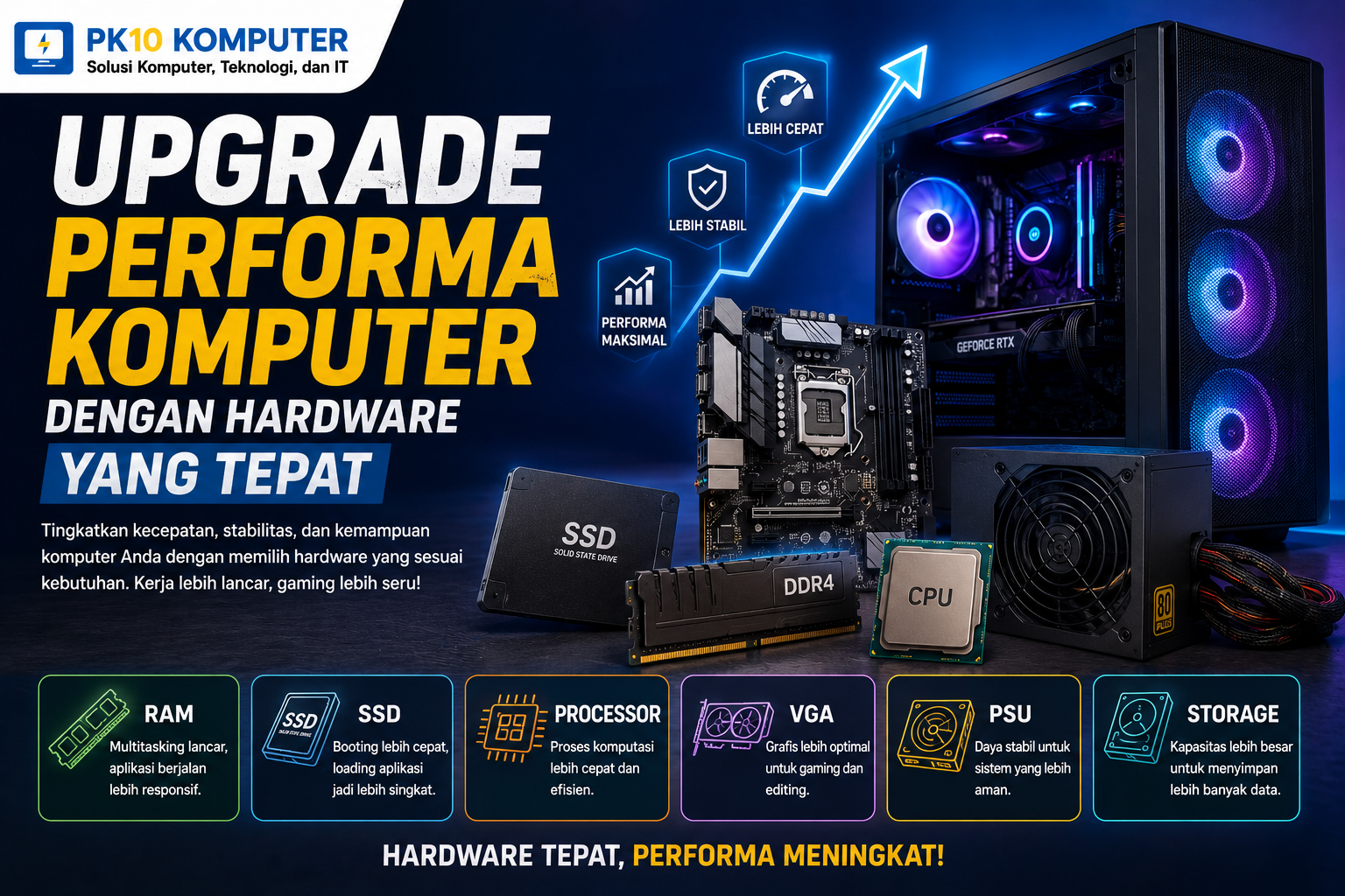 Ilustrasi upgrade performa komputer dengan berbagai hardware seperti RAM, SSD, processor, dan GPU. Internal Link yang Disarankan