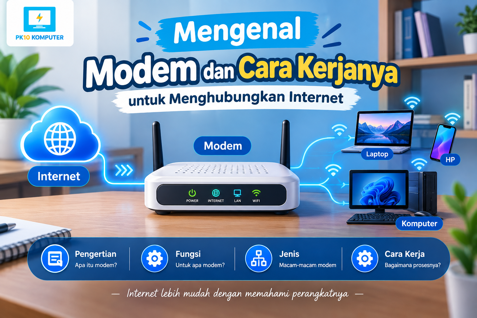 Ilustrasi modem dan cara kerjanya untuk menghubungkan komputer ke jaringan internet.