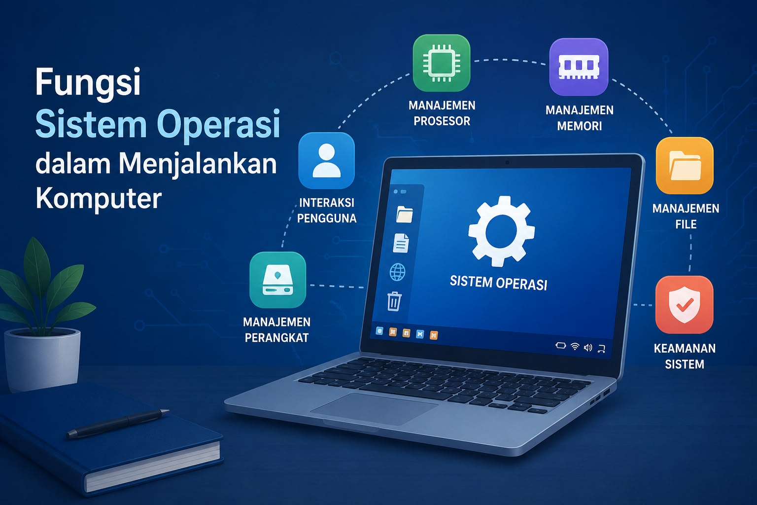 ilustrasi komputer desktop dengan elemen Windows/Linux/macOS, CPU, RAM, SSD, dan ikon aplikasi yang terhubung dengan sistem operasi, dengan judul “Fungsi Sistem Operasi dalam Menjalankan Komputer”
