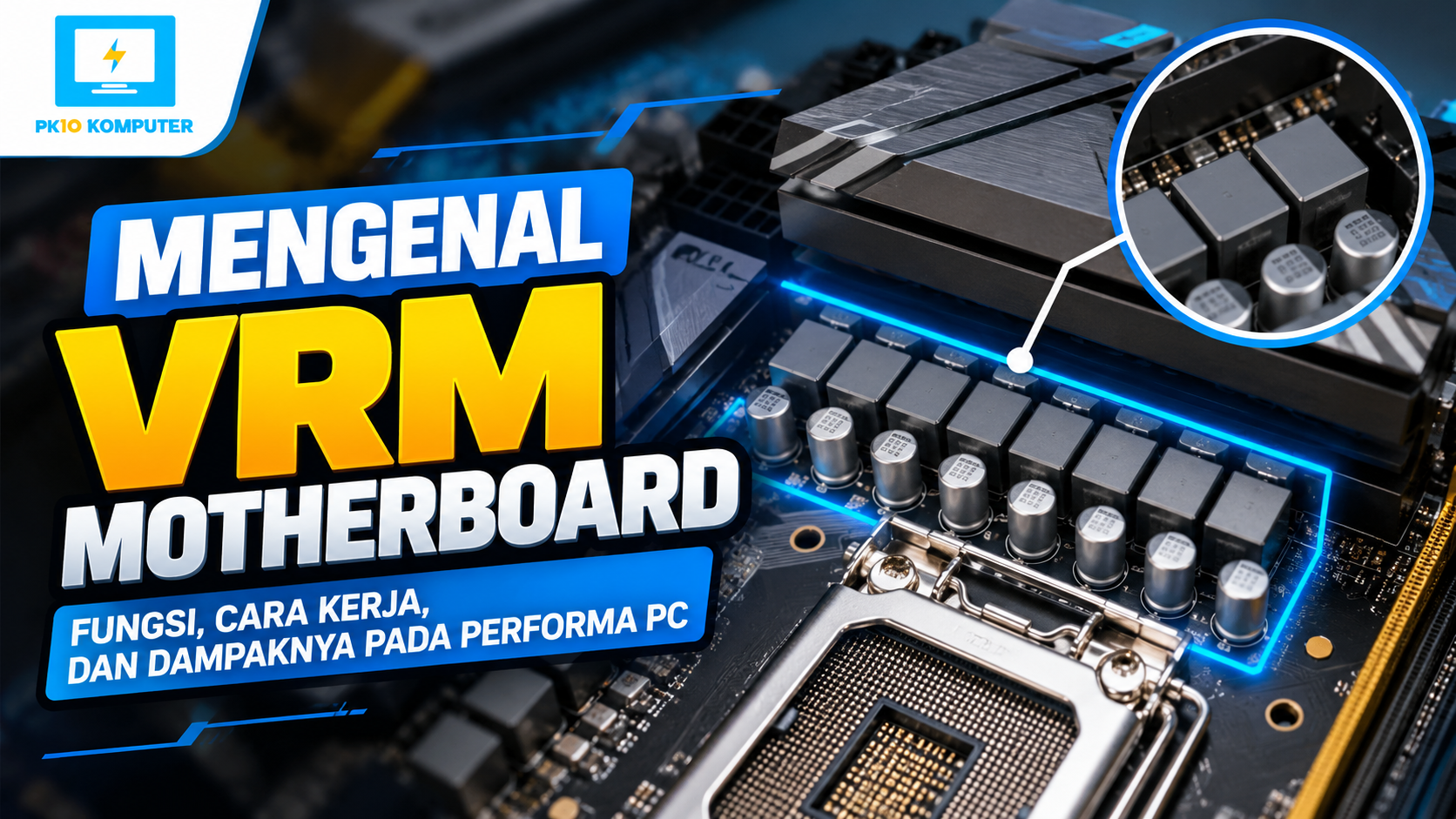 VRM motherboard dengan heatsink dan soket prosesor pada PC