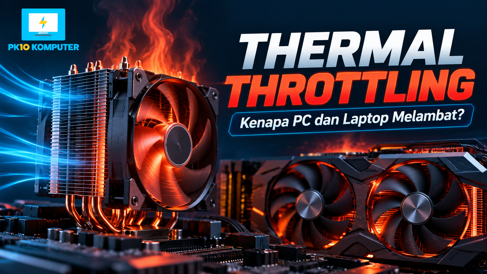 Ilustrasi thermal throttling pada CPU dan GPU komputer dengan efek panas dan sistem pendingin.
