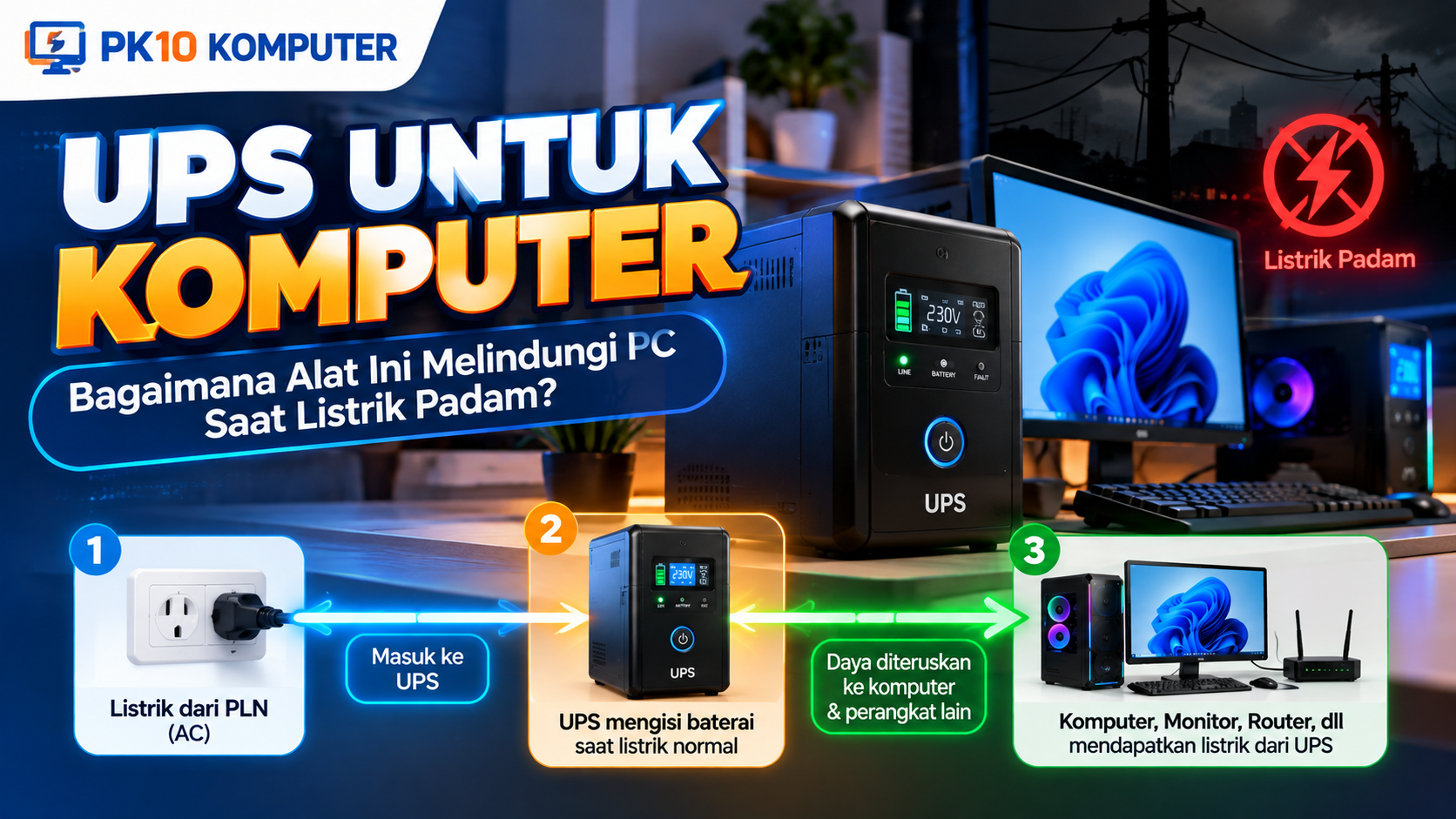 UPS untuk komputer yang memberikan daya cadangan saat listrik padam